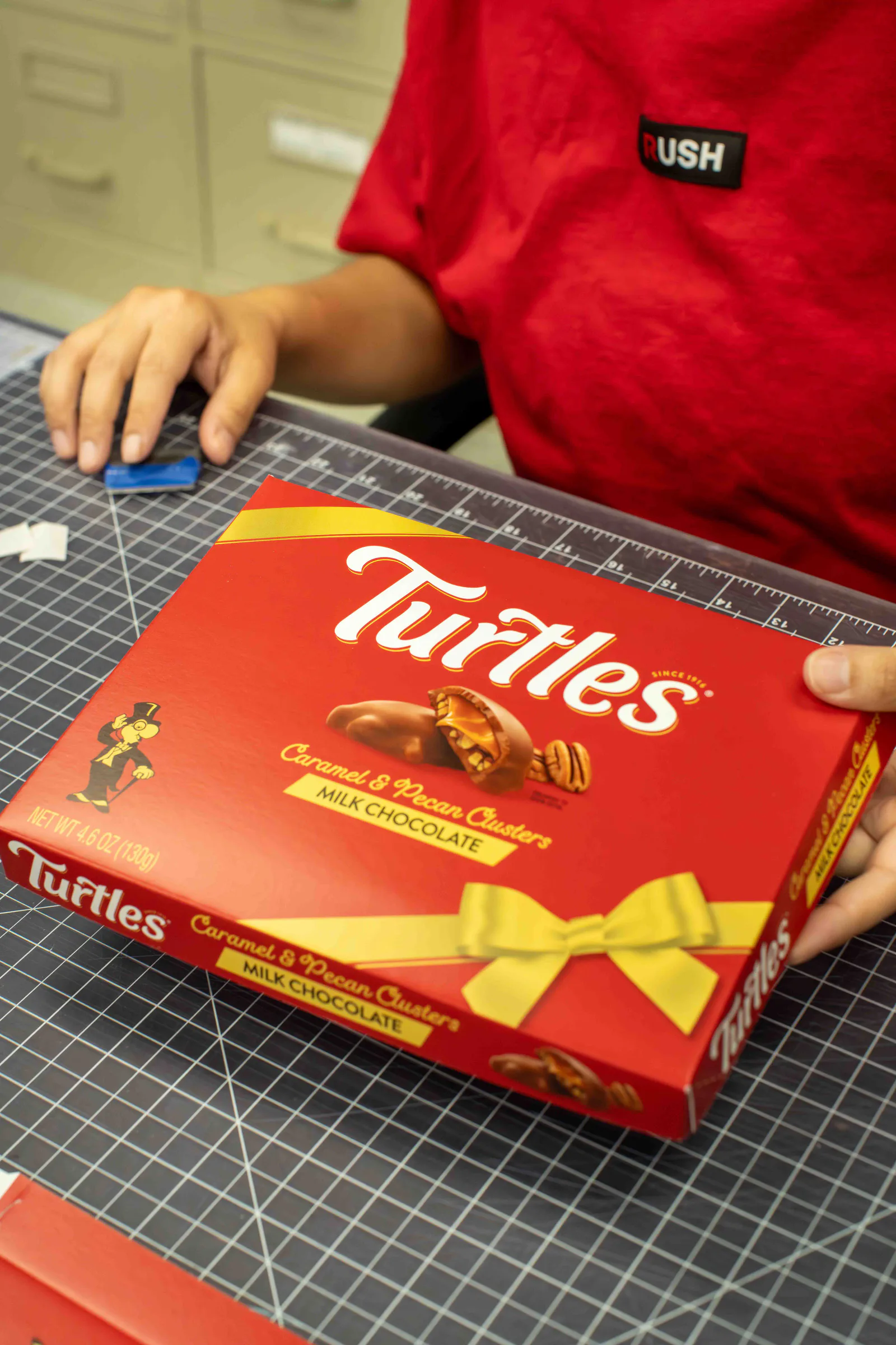 A finished Turtles gift box, set down on the cutting mat