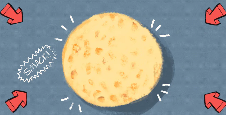 A Parm Crisp drawn on blue, “Snack!” beside it