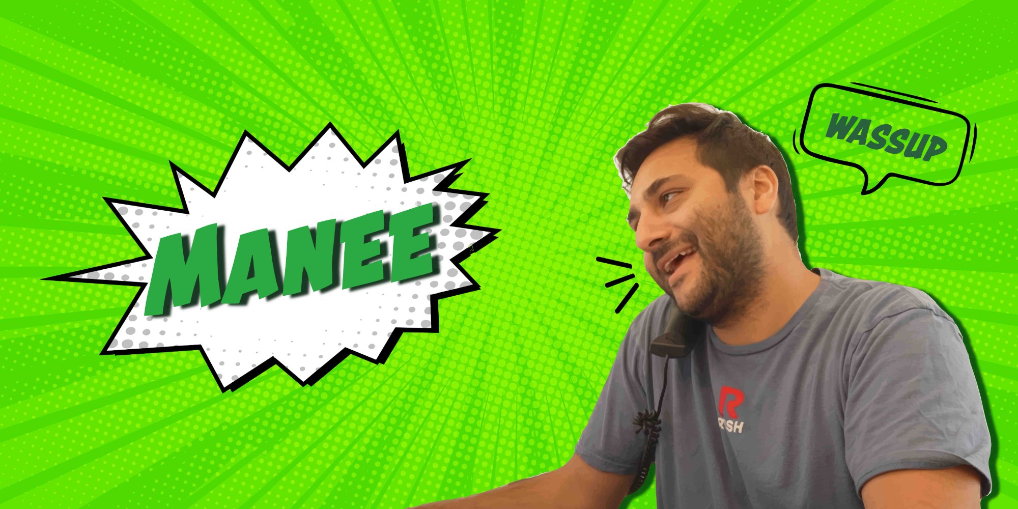 Manee, Customer Success, on a phone call on a green comic burst background