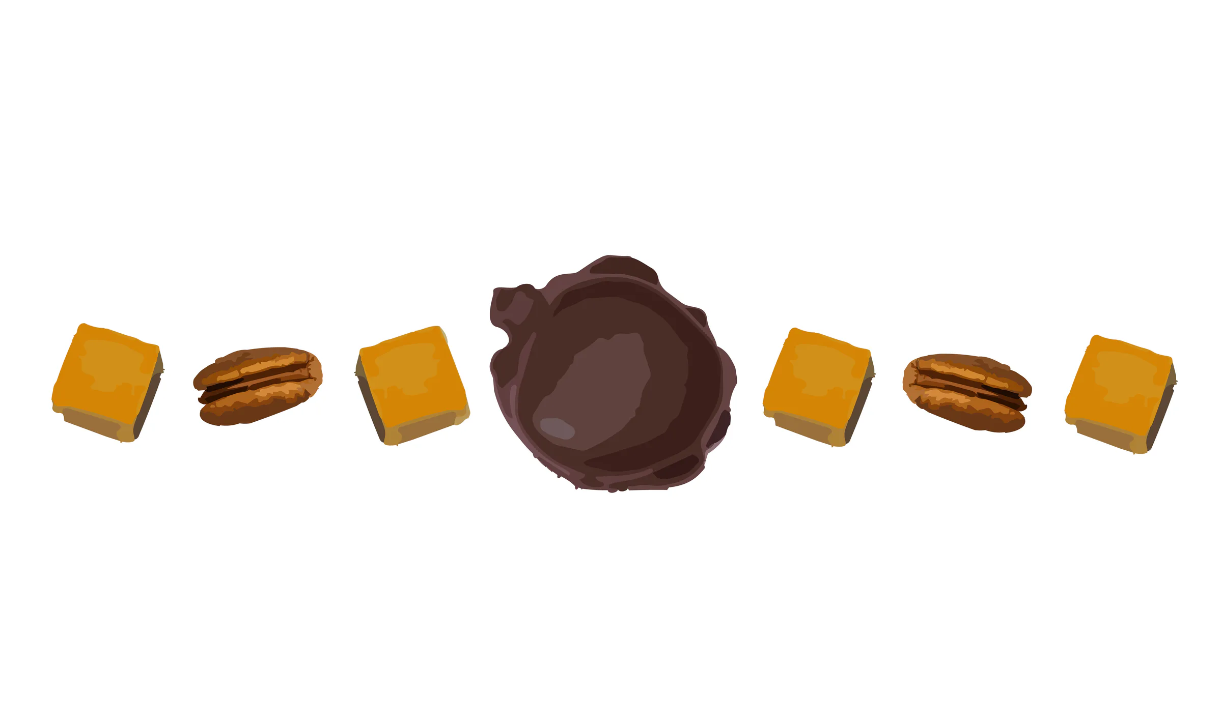A Turtles cluster drawn between caramels and pecans
